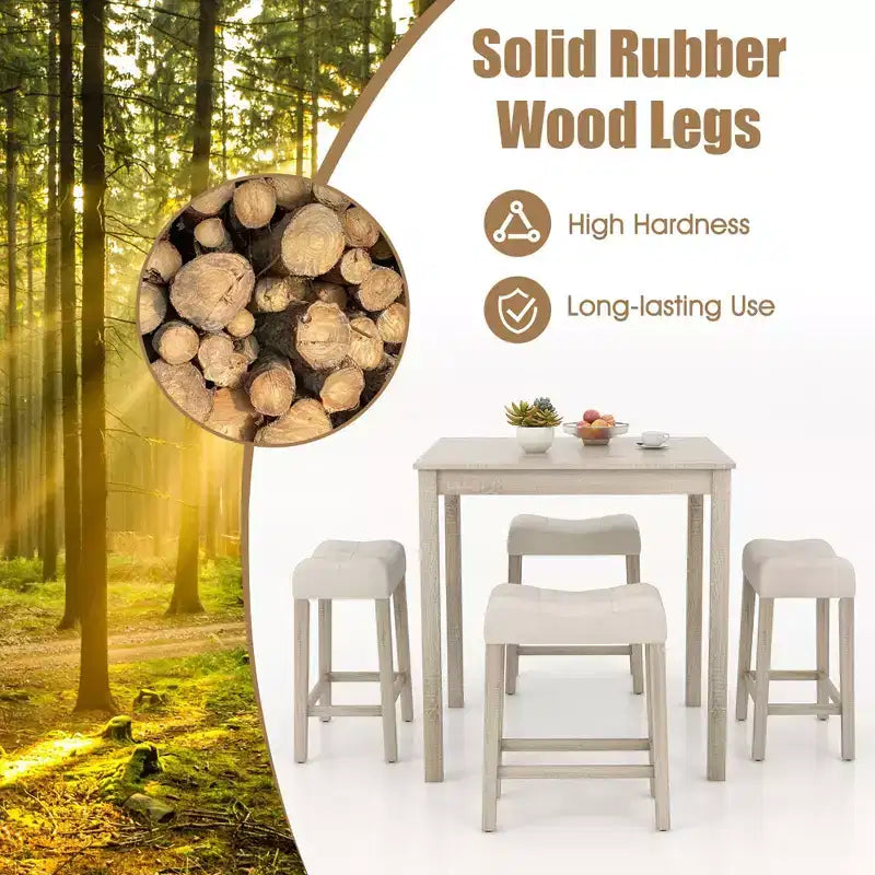 Ensemble table de bar carrée 5 pièces Costway pour 4 avec tabourets rembourrés Pieds en bois d'hévéa pour cuisine