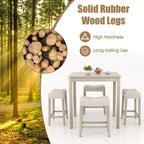 Ensemble table de bar carrée 5 pièces Costway pour 4 avec tabourets rembourrés Pieds en bois d'hévéa pour cuisine