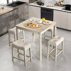 Ensemble table de bar carrée 5 pièces Costway pour 4 avec tabourets rembourrés Pieds en bois d'hévéa pour cuisine