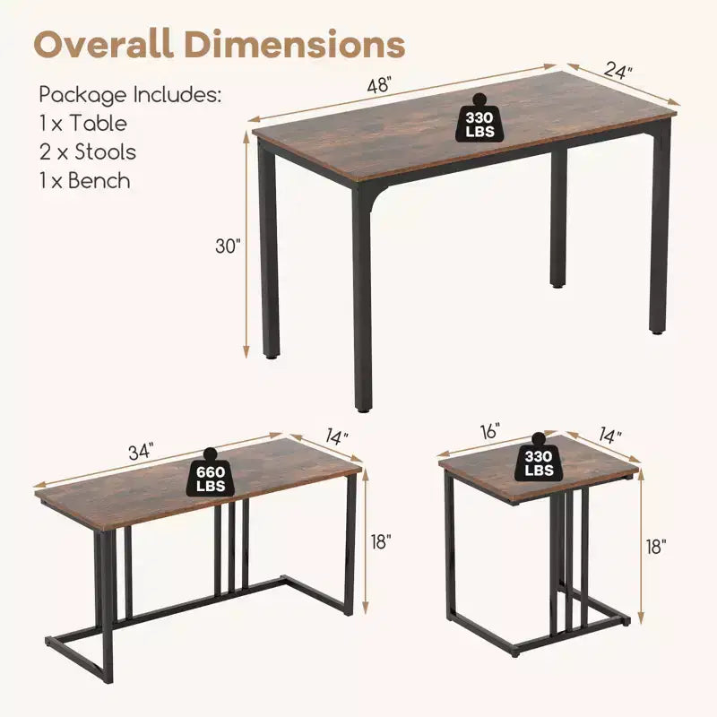 Costway Ensemble Table à Manger 4 Pièces avec Banc et 2 Tabourets, Style Industriel