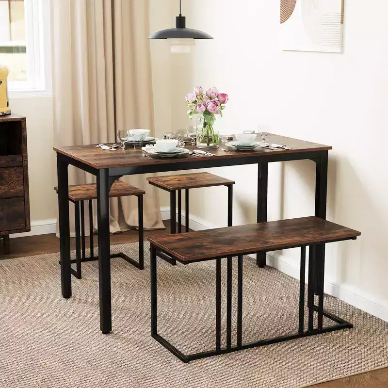 Costway Ensemble Table à Manger 4 Pièces avec Banc et 2 Tabourets, Style Industriel