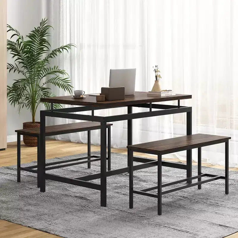 Costway Ensemble Table à Manger 3 Pièces pour 4 avec Table de Cuisine en Bois 43", 2 Bancs et Cadre en Métal