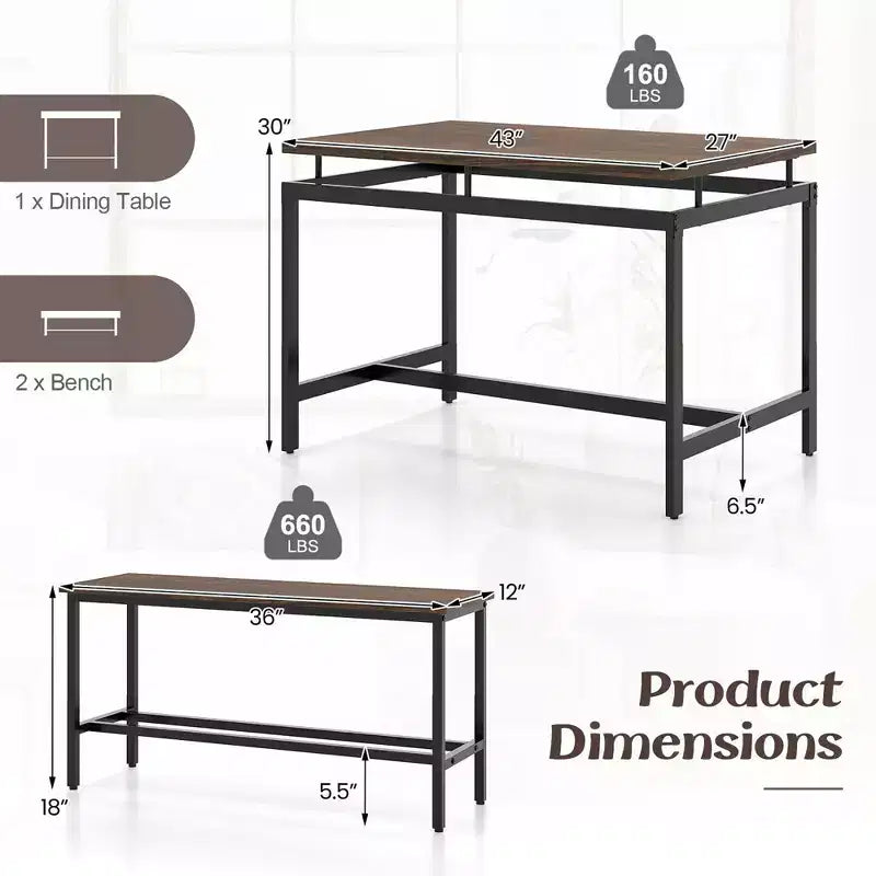Costway Ensemble Table à Manger 3 Pièces pour 4 avec Table de Cuisine en Bois 43", 2 Bancs et Cadre en Métal
