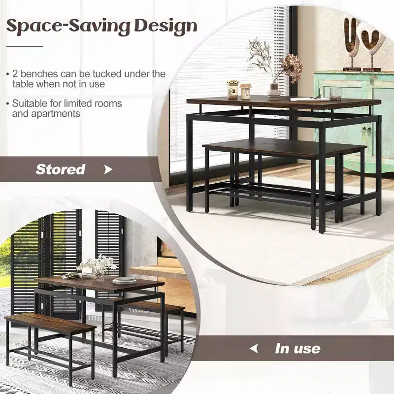 Costway Ensemble Table à Manger 3 Pièces pour 4 avec Table de Cuisine en Bois 43", 2 Bancs et Cadre en Métal