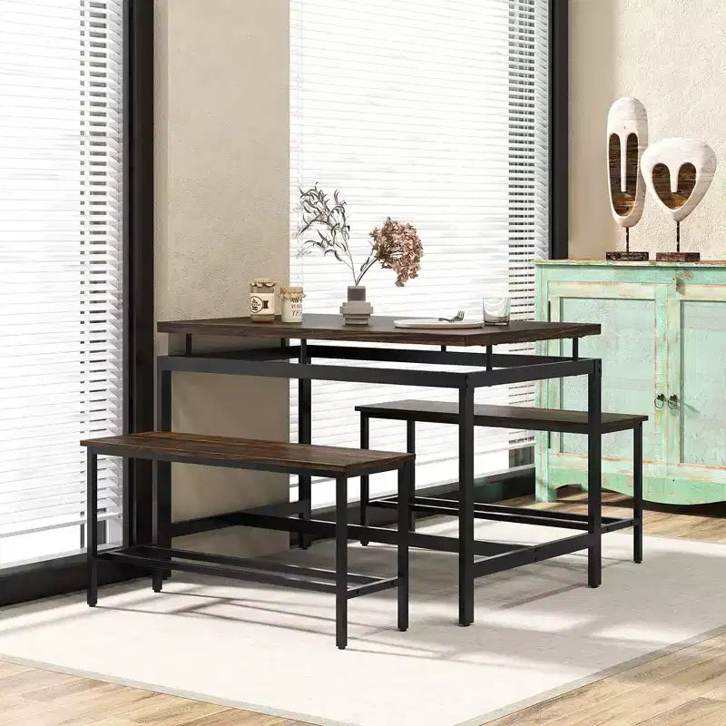 Costway Ensemble Table à Manger 3 Pièces pour 4 avec Table de Cuisine en Bois 43", 2 Bancs et Cadre en Métal