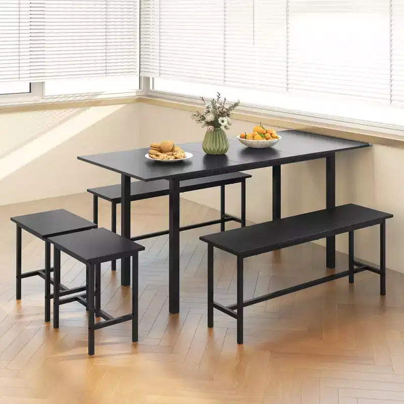 Ensemble table de salle à manger 5 pièces Costway pour 4-6 personnes avec 2 bancs et 2 tabourets, structure métallique, noir