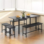 Ensemble table de salle à manger 5 pièces Costway pour 4-6 personnes avec 2 bancs et 2 tabourets, structure métallique, noir