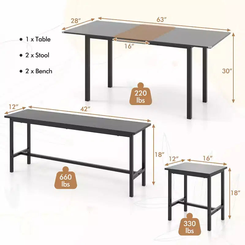 Ensemble table de salle à manger 5 pièces Costway pour 4-6 personnes avec 2 bancs et 2 tabourets, structure métallique, noir