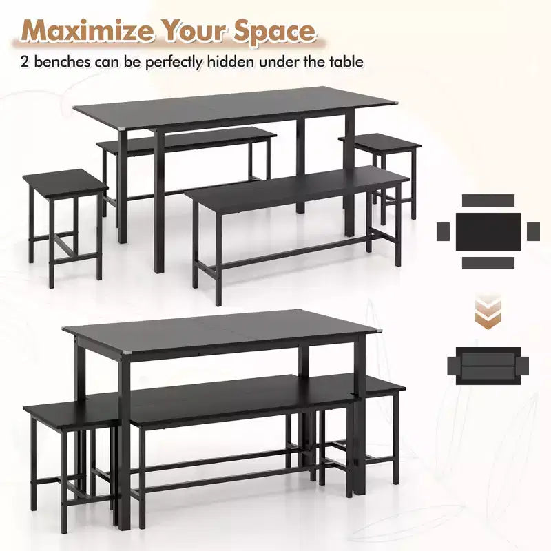 Ensemble table de salle à manger 5 pièces Costway pour 4-6 personnes avec 2 bancs et 2 tabourets, structure métallique, noir