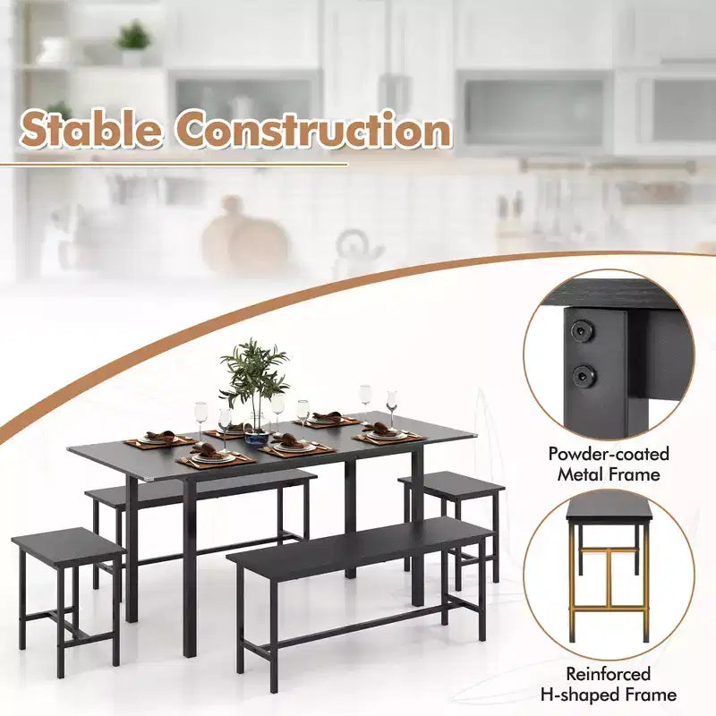 Ensemble table de salle à manger 5 pièces Costway pour 4-6 personnes avec 2 bancs et 2 tabourets, structure métallique, noir