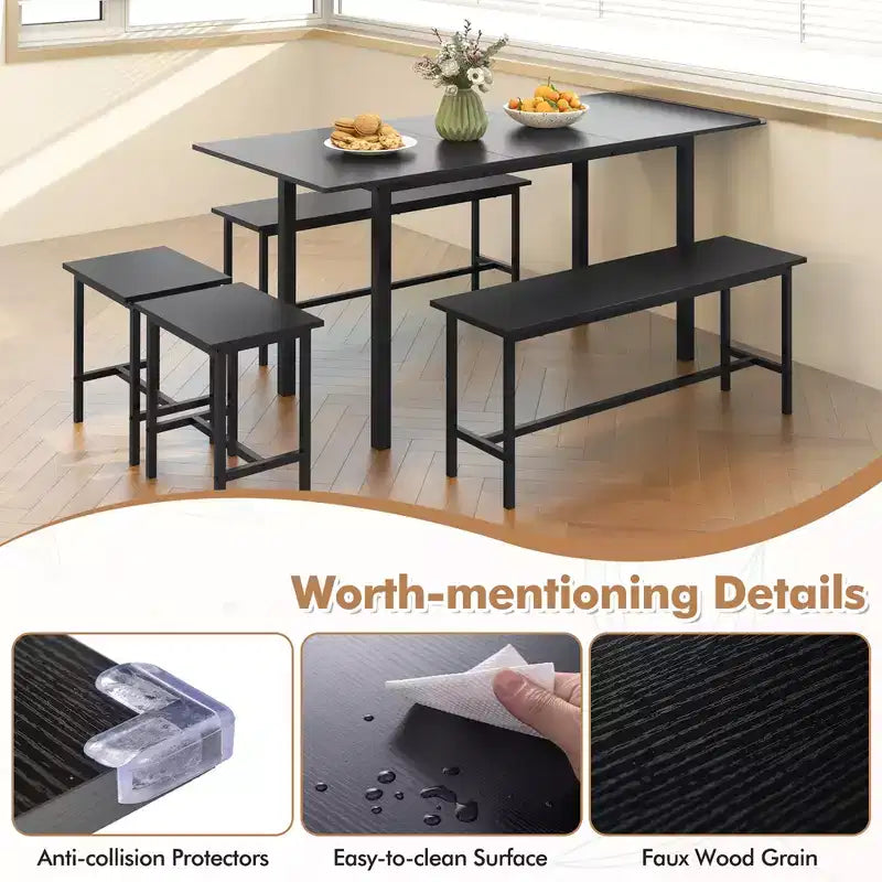 Ensemble table de salle à manger 5 pièces Costway pour 4-6 personnes avec 2 bancs et 2 tabourets, structure métallique, noir