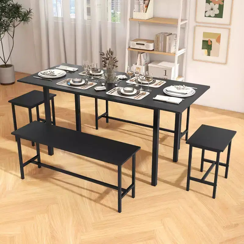 Ensemble table de salle à manger 5 pièces Costway pour 4-6 personnes avec 2 bancs et 2 tabourets, structure métallique, noir