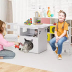 Costway Ensemble table et 2 chaises pour enfants 3 pièces Meuble avec trou de cabane pour chat et fenêtre