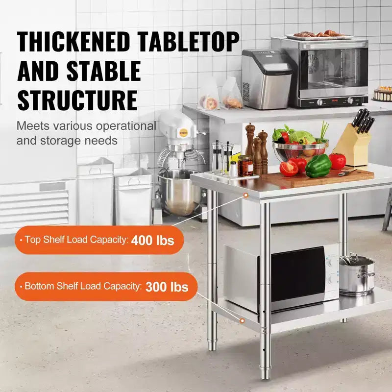 Table de préparation en acier inoxydable, 35 x 24 x 31 pouces, capacité de charge de 700 livres, établi métallique robuste avec hauteur réglable