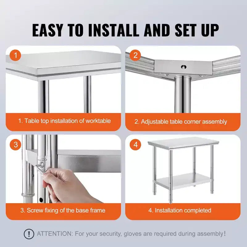 Table de préparation en acier inoxydable, 35 x 24 x 31 pouces, capacité de charge de 700 livres, établi métallique robuste avec hauteur réglable
