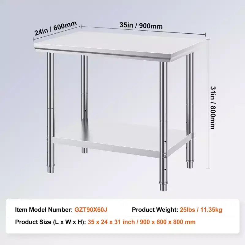 Table de préparation en acier inoxydable, 35 x 24 x 31 pouces, capacité de charge de 700 livres, établi métallique robuste avec hauteur réglable