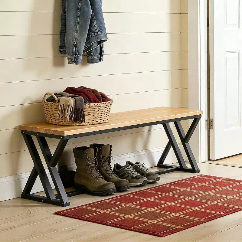 Lantine 55 Solid Wood Entryway Bench with Metal Legs, Rustic Industrial Indoor Seat for Hallway, Foyer, Bedroom, Living Room, Dining Room