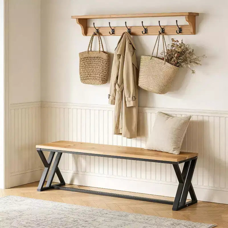 Banc d'entrée Lantine 55 en bois massif avec pieds en métal, siège intérieur de style industriel rustique pour couloir, hall d'entrée, chambre, salon, salle à manger