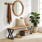 Banc d'entrée Lantine 55 en bois massif avec pieds en métal, siège intérieur de style industriel rustique pour couloir, hall d'entrée, chambre, salon, salle à manger