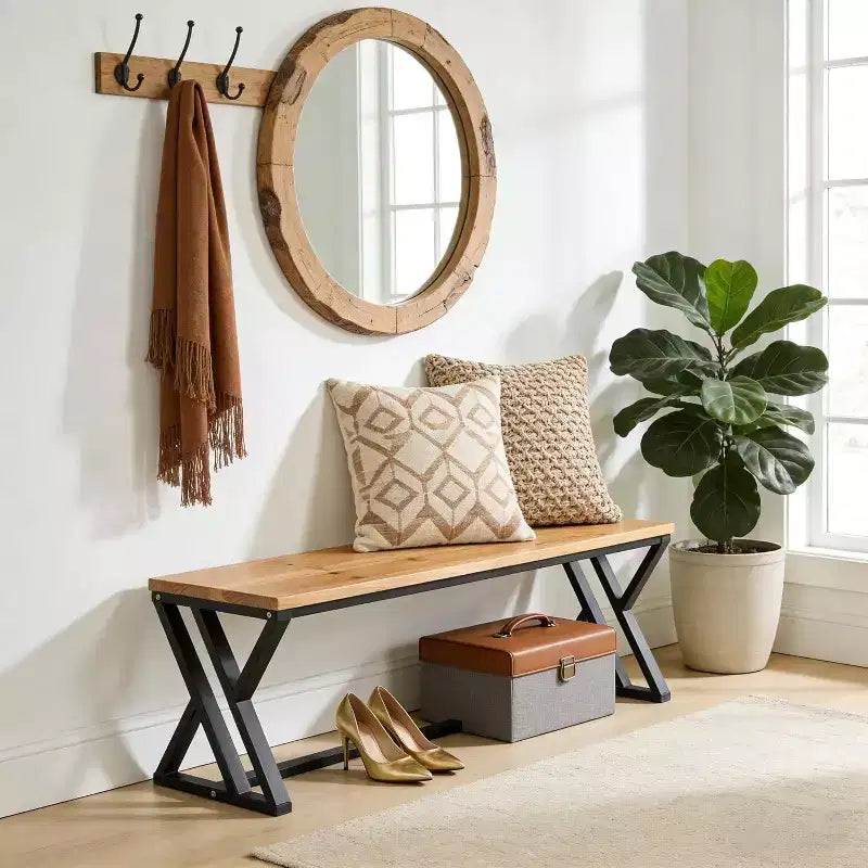 Banc d'entrée Lantine 55 en bois massif avec pieds en métal, siège intérieur de style industriel rustique pour couloir, hall d'entrée, chambre, salon, salle à manger
