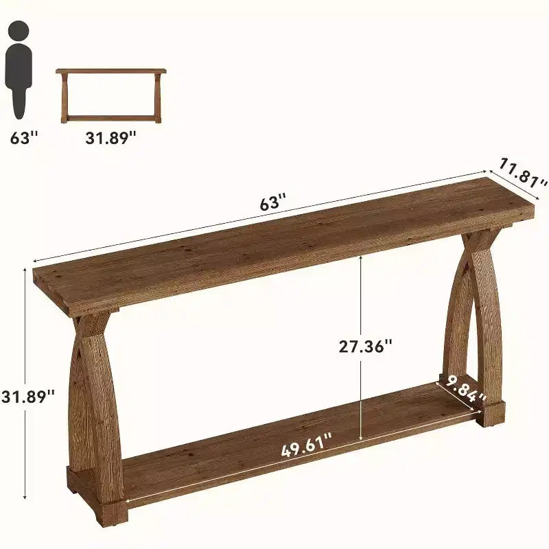 Console étroite en bois massif Lantine de 63 pouces avec étagère à 2 niveaux pour entrée, salon, couloir, marron café