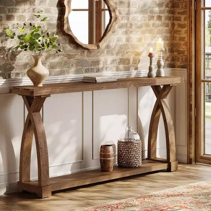 Console étroite en bois massif Lantine de 63 pouces avec étagère à 2 niveaux pour entrée, salon, couloir, marron café