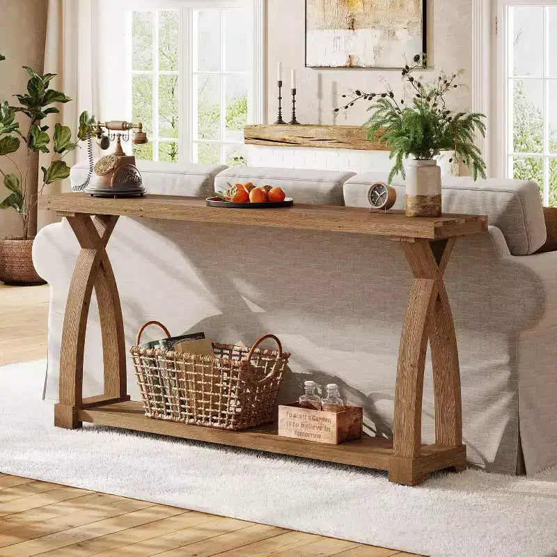 Console étroite en bois massif Lantine de 63 pouces avec étagère à 2 niveaux pour entrée, salon, couloir, marron café