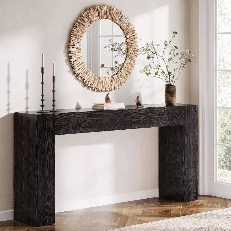 Console Lantine en bois massif, table de canapé de ferme de 63 pouces pour entrée, salon, foyer, assemblage facile (Noir)