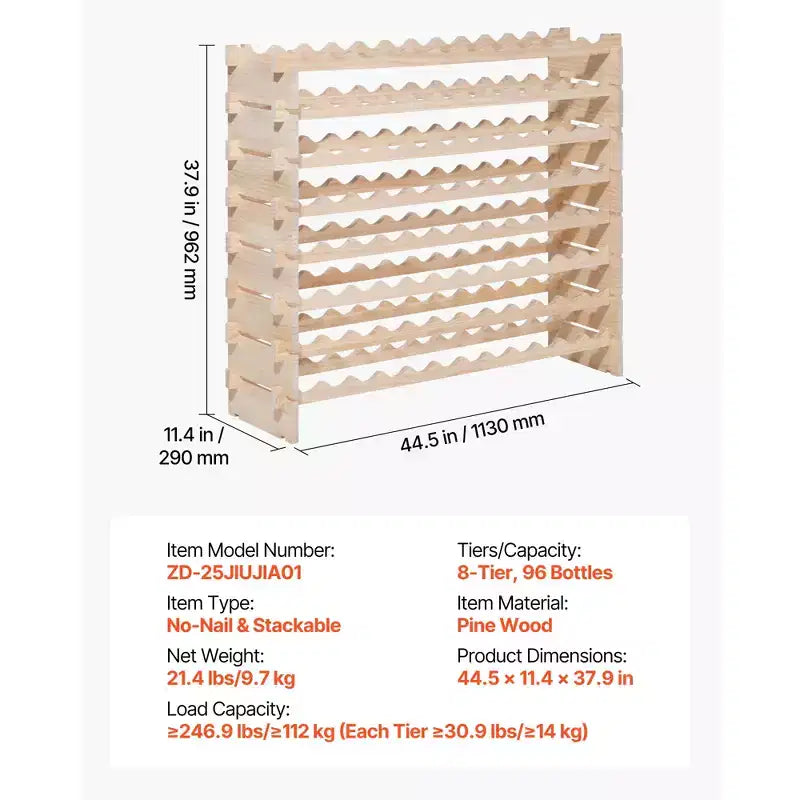 VEVOR Casier à vin empilable modulaire 96 bouteilles, support à bouteilles de vin à 8 niveaux, étagère de rangement pour bouteilles de vin sur pied en bois massif, couleur bois naturel