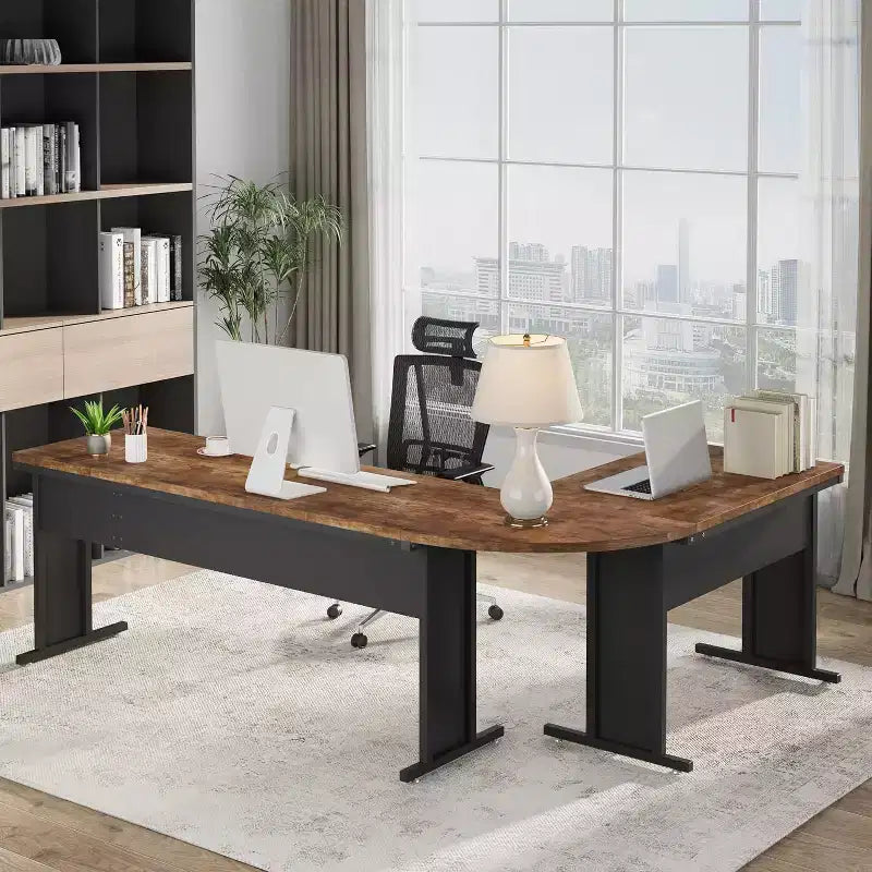 Grand bureau en L Lantine de 83 pouces, bureau de direction réversible, poste de travail informatique d'angle moderne pour bureau à domicile (marron)