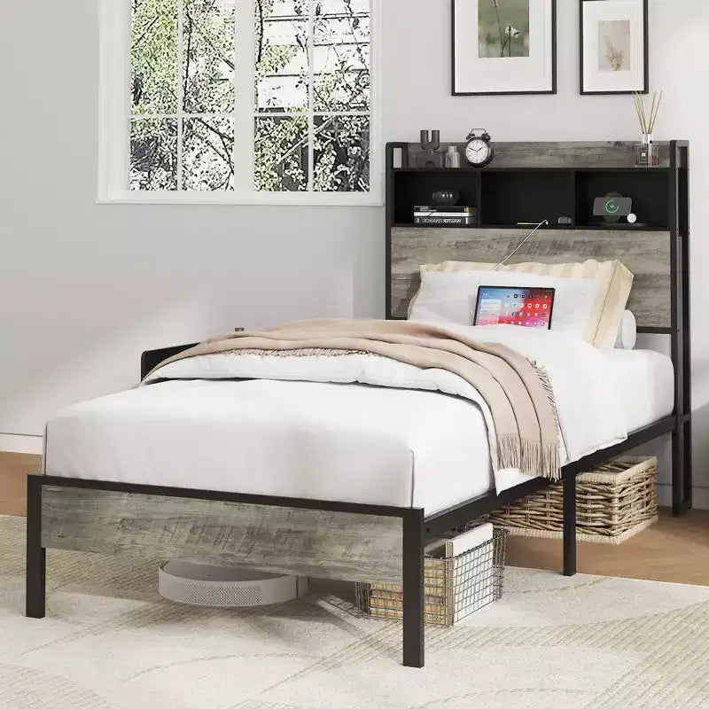 Twin/Full Size Platform Bed with Storage and Headboard, Wooden Platform Bed Frame with Charging Station,Antique Gray