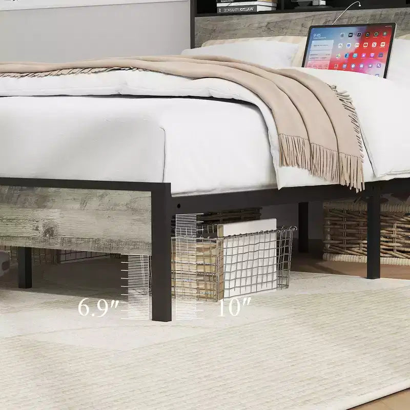 Lit plateforme double/grand format avec rangement et tête de lit, cadre de lit plateforme en bois avec station de recharge, gris antique