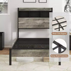 Lit plateforme double/grand format avec rangement et tête de lit, cadre de lit plateforme en bois avec station de recharge, gris antique