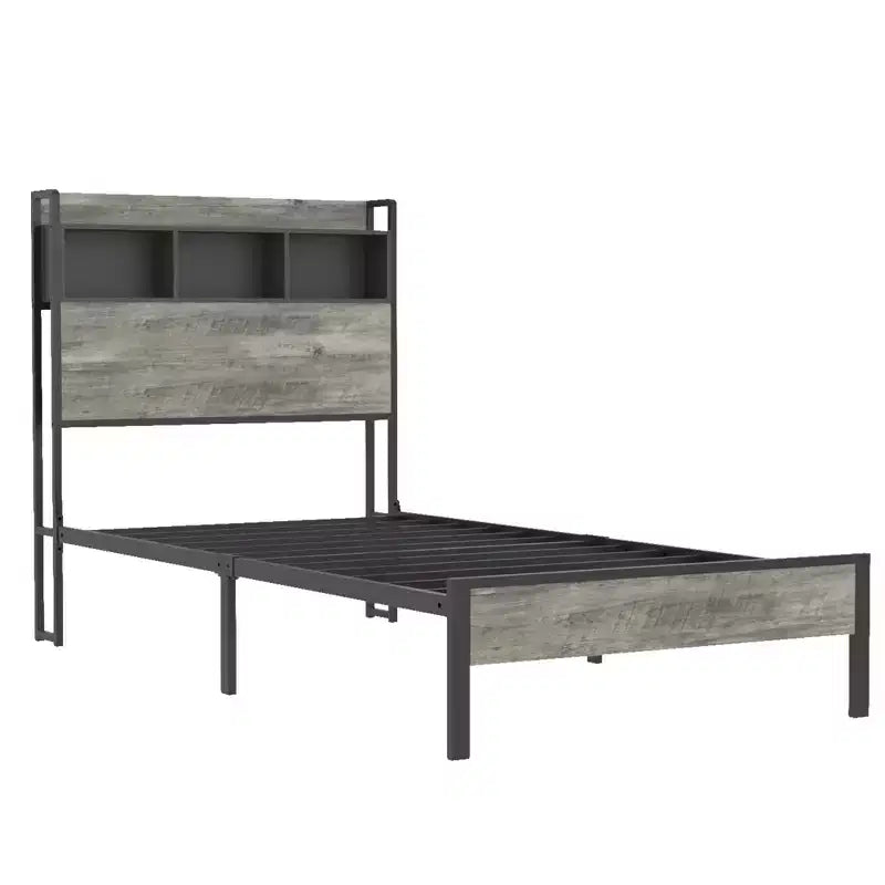 Lit plateforme double/grand format avec rangement et tête de lit, cadre de lit plateforme en bois avec station de recharge, gris antique