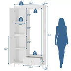 Meuble de rangement autoportant avec étagères et tringle à vêtements, portemanteau moderne en métal avec côtés en maille et tiroir