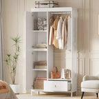 Meuble de rangement autoportant avec étagères et tringle à vêtements, portemanteau moderne en métal avec côtés en maille et tiroir