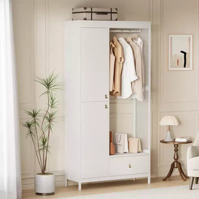 Meuble de rangement autoportant avec étagères et tringle à vêtements, portemanteau moderne en métal avec côtés en maille et tiroir