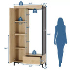 Meuble de rangement autoportant avec étagères et tringle à vêtements, portemanteau moderne en métal avec côtés en maille et tiroir