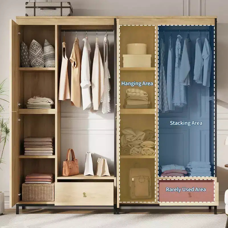 Meuble de rangement autoportant avec étagères et tringle à vêtements, portemanteau moderne en métal avec côtés en maille et tiroir