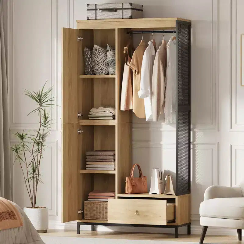 Meuble de rangement autoportant avec étagères et tringle à vêtements, portemanteau moderne en métal avec côtés en maille et tiroir