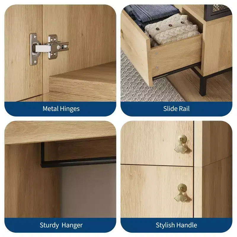 Meuble de rangement autoportant avec étagères et tringle à vêtements, portemanteau moderne en métal avec côtés en maille et tiroir