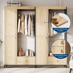 Meuble de rangement autoportant avec étagères et tringle à vêtements, portemanteau moderne en métal avec côtés en maille et tiroir