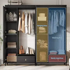 Meuble de rangement autoportant avec étagères et tringle à vêtements, portemanteau moderne en métal avec côtés en maille et tiroir