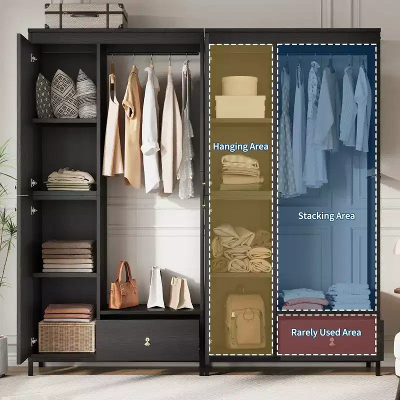 Meuble de rangement autoportant avec étagères et tringle à vêtements, portemanteau moderne en métal avec côtés en maille et tiroir