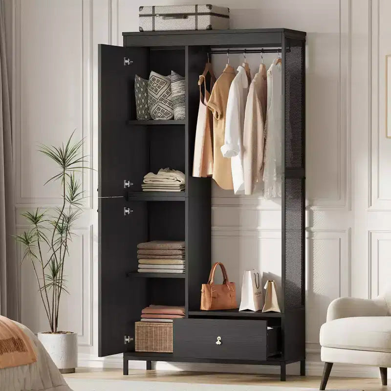 Meuble de rangement autoportant avec étagères et tringle à vêtements, portemanteau moderne en métal avec côtés en maille et tiroir