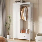 Meuble de rangement autoportant avec étagères et tringle à vêtements, portemanteau moderne en métal avec côtés en maille et tiroir
