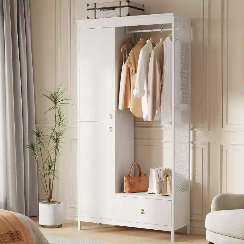 Meuble de rangement autoportant avec étagères et tringle à vêtements, portemanteau moderne en métal avec côtés en maille et tiroir