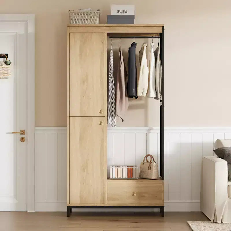 Meuble de rangement autoportant avec étagères et tringle à vêtements, portemanteau moderne en métal avec côtés en maille et tiroir