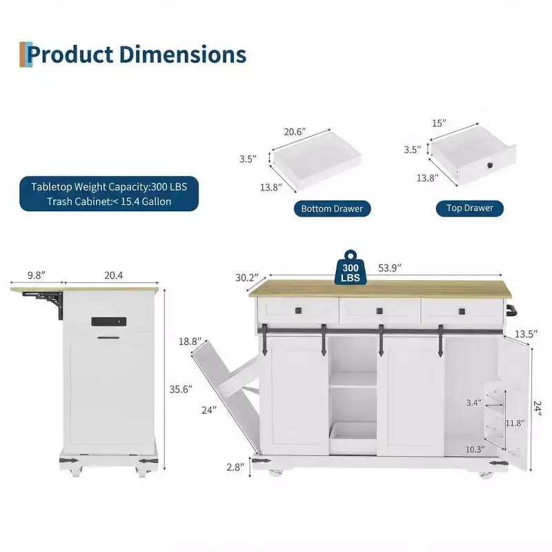Grand îlot de cuisine roulant, Desserte de cuisine mobile sur roulettes avec abattant, Rangement pour poubelle, Étagère à épices, Table îlot de cuisine pour salle à manger