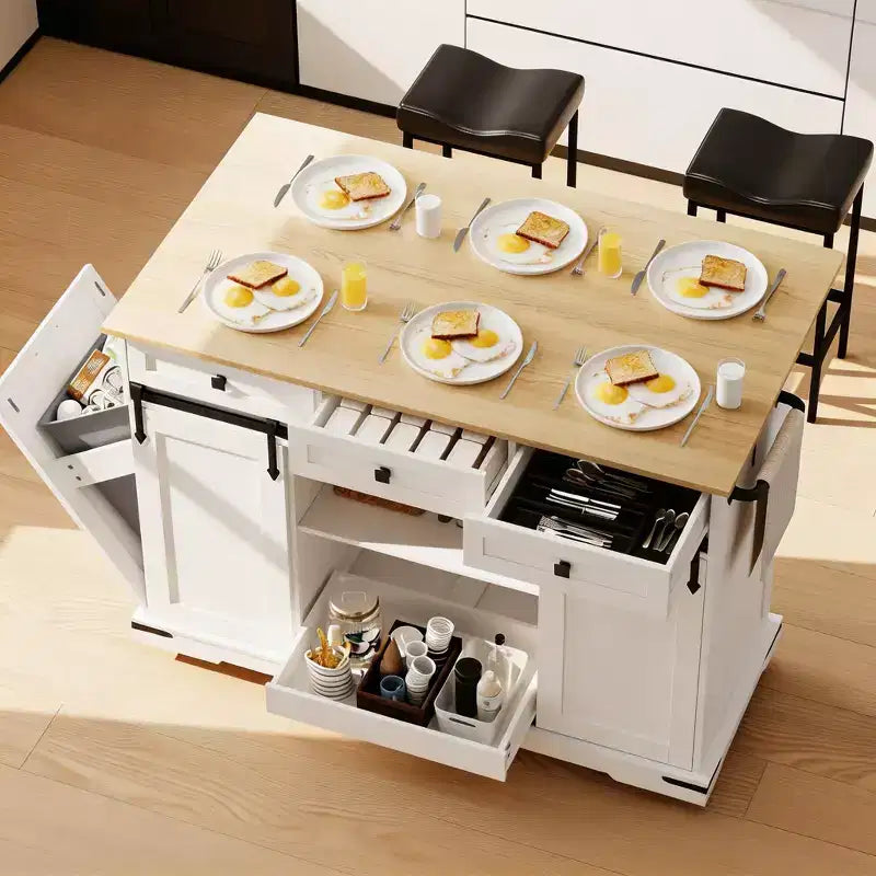 Grand îlot de cuisine roulant, Desserte de cuisine mobile sur roulettes avec abattant, Rangement pour poubelle, Étagère à épices, Table îlot de cuisine pour salle à manger